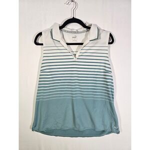 Athletic Golf Puma Sleeveless Striped Ombre Polo Top Womens Size XL Blue White
